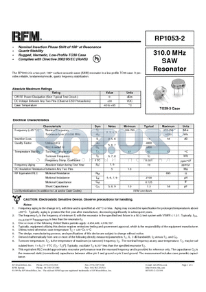 RP1053-2 datasheet - 310.0 MHz SAW Resonator