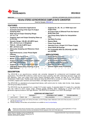 SRC4190IDBRQ1 datasheet - 192-kHz STEREO ASYNCHRONOUS SAMPLE-RATE CONVERTER