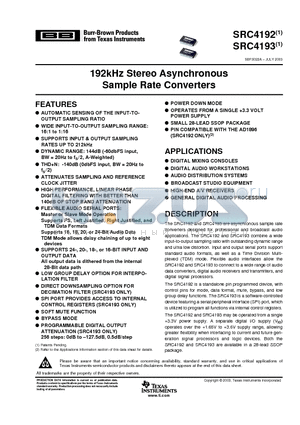 SRC4192 datasheet - 192kHz Stereo Asynchronous Sample Rate Converters