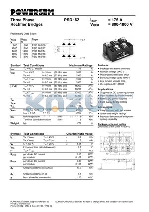 PSD162 datasheet - Three Phase Rectifier Bridges