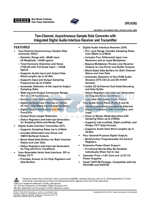 SRC4392IPFBG4 datasheet - Two-Channel, Asynchronous Sample Rate Converter with Integrated Digital Audio Interface Receiver and Transmitter