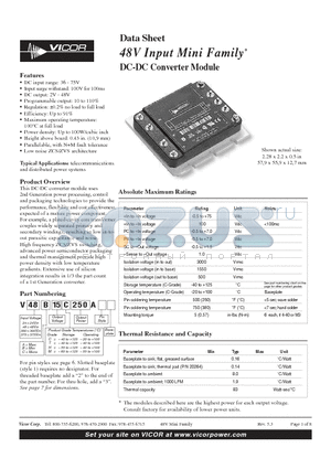 V48B15C250A datasheet - 48V Input Mini Family DC-DC Converter Module