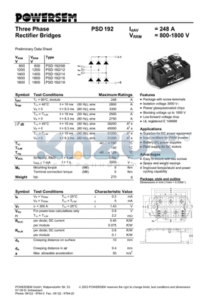 PSD192 datasheet - Three Phase Rectifier Bridges