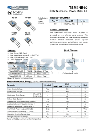 TSM4NB60CZC0 datasheet - 600V N-Channel Power MOSFET