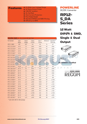 RP12-1215DA datasheet - 12 Watt DIP24 & SMD, Single & Dual Output