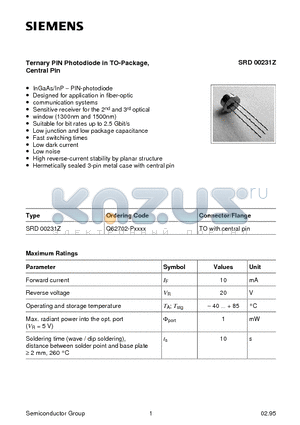 SRD00231Z datasheet - Ternary PIN Photodiode in TO-Package, Central Pin