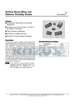 SMS7621 datasheet - Surface Mount Mixer and Detector Schottky Diodes