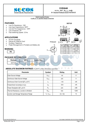 SMS840 datasheet - 0.13A , 50V , RDS(ON) 10 P-Channel Enhancement MOSFET