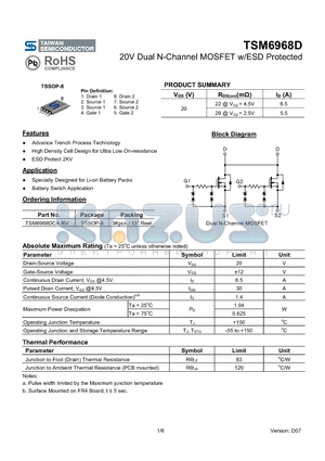 TSM6968DCARV datasheet - 20V Dual N-Channel MOSFET w/ESD Protected