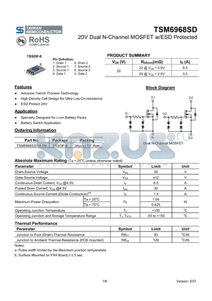 TSM6968SDCARV datasheet - 20V Dual N-Channel MOSFET w/ESD Protected