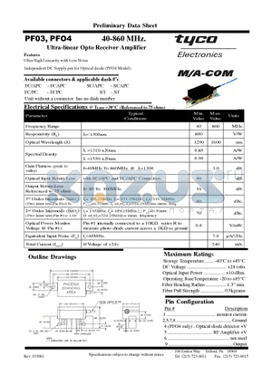 PF03 datasheet - 40-860 MHz. Ultra-linear Opto Receiver Amplifier