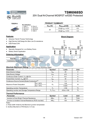 TSM6968SD_08 datasheet - 20V Dual N-Channel MOSFET w/ESD Protected