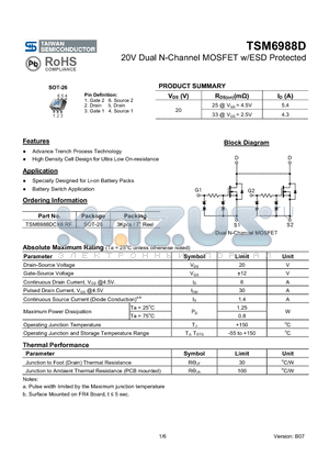 TSM6988DCX6RF datasheet - 20V Dual N-Channel MOSFET w/ESD Protected