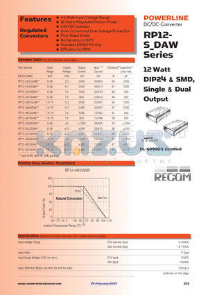 RP12-4815SAWSMD datasheet - 12 Watt DIP24 & SMD, Single & Dual Output