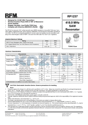 RP1237 datasheet - 418.0 MHz SAW Resonator