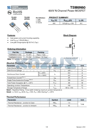 TSM6N60 datasheet - 600V N-Channel Power MOSFET