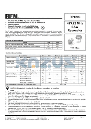 RP1298 datasheet - 423.22 MHz SAW Resonator