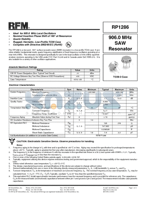 RP1286 datasheet - 906.0 MHz SAW Resonator