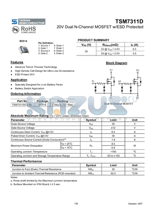 TSM7311DCS datasheet - 20V Dual N-Channel MOSFET w/ESD Protected