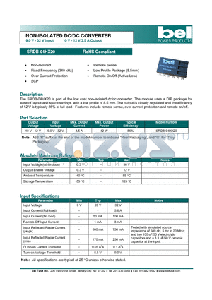 SRDB-04HX20 datasheet - NON-ISOLATED DC/DC CONVERTER 9.0 V - 32 V Input 10 V - 12 V/3.5 A Output