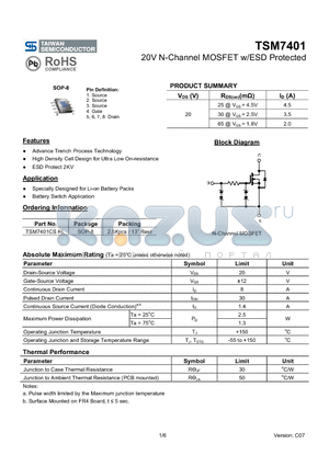 TSM7401CSRL datasheet - 20V N-Channel MOSFET w/ESD Protected