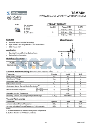 TSM7401_1 datasheet - 20V N-Channel MOSFET w/ESD Protected
