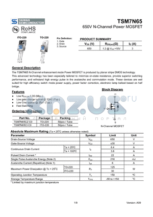 TSM7N65 datasheet - 650V N-Channel Power MOSFET