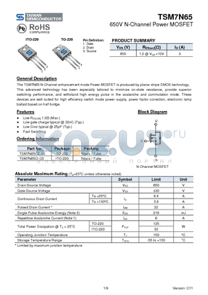 TSM7N65CIC0 datasheet - 650V N-Channel Power MOSFET