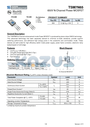 TSM7N65_11 datasheet - 650V N-Channel Power MOSFET