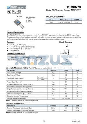 TSM8N70 datasheet - 700V N-Channel Power MOSFET