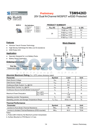 TSM9426D datasheet - 20V Dual N-Channel MOSFET w/ESD Protected