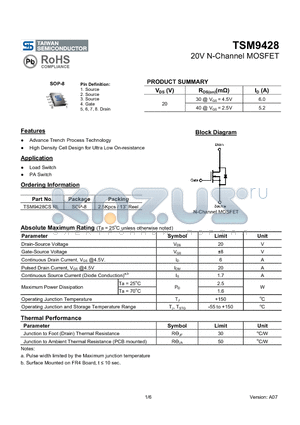 TSM9428CS datasheet - 20V N-Channel MOSFET