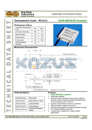 RC12-2.5-01L datasheet - Thermoelectric Cooler