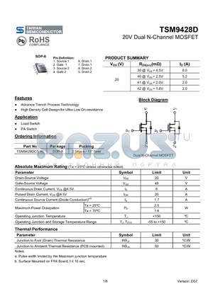 TSM9428D_08 datasheet - 20V Dual N-Channel MOSFET