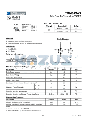 TSM9434DCSRL datasheet - 20V Dual P-Channel MOSFET