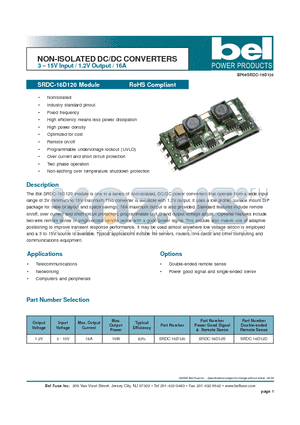 SRDC-16D12D datasheet - NON-ISOLATED DC/DC CONVERTERS 3 - 15V Input / 1.2V Output / 16A