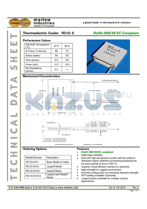 RC12-6-01L datasheet - Thermoelectric Cooler