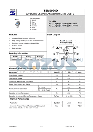 TSM9926DCX6 datasheet - 20V Dual N-Channel Enhancement Mode MOSFET