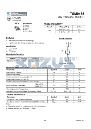 TSM9435_07 datasheet - 30V P-Channel MOSFET