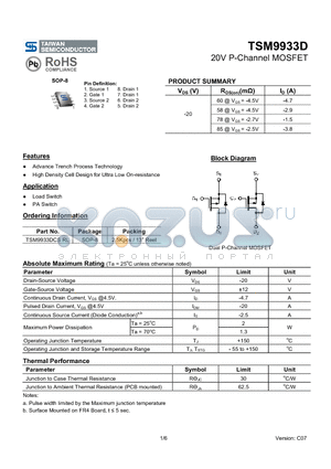 TSM9933DCSRL datasheet - 20V P-Channel MOSFET