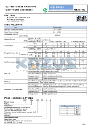 SRE50V152MH102 datasheet - Surface Mount Aluminum Electrolytic Capacitors