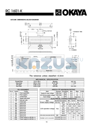 RC1601-K datasheet - OUTLINE DIMENSION & BLOCK DIAGRAM