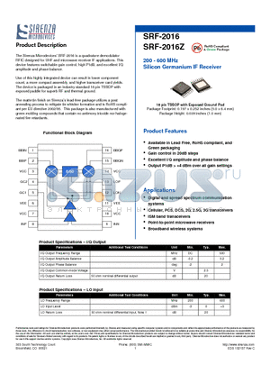 SRF-2016Z datasheet - 200 - 600 MHz Silicon Germanium IF Receiver