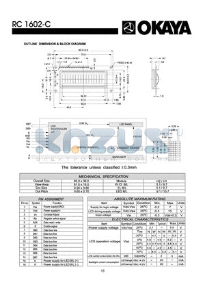 RC1602-C datasheet - OUTLINE DIMENSION & BLOCK DIAGRAM