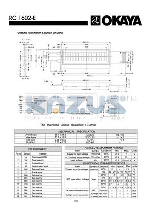 RC1602-E datasheet - OUTLINE DIMENSION & BLOCK DIAGRAM