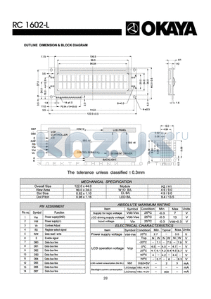 RC1602-L datasheet - OUTLINE DIMENISON & BLOCK DIAGRAM