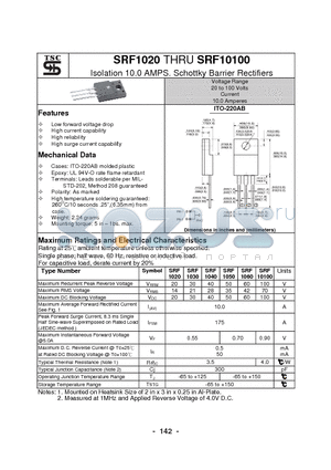 SRF10100 datasheet - Isolation 10.0 AMPS. Schottky Barrier Rectifiers