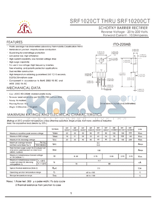 SRF10100CT datasheet - SCHOTTKY BARRIER RECTIFIER Reverse Voltage - 20 to 200 Volts Forward Current - 10.0Amperes