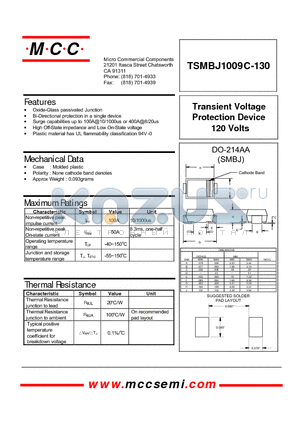 TSMBJ1009C-130 datasheet - Transient Voltage Protection Device 120 Volts