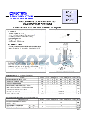 RC201 datasheet - SINGLE-PHASE GLASS PASSIVATED SILICON BRIDGE RECTIFIER (VOLTAGE RANGE 50 to 1000 Volts CURRENT 2.0 Amperes)